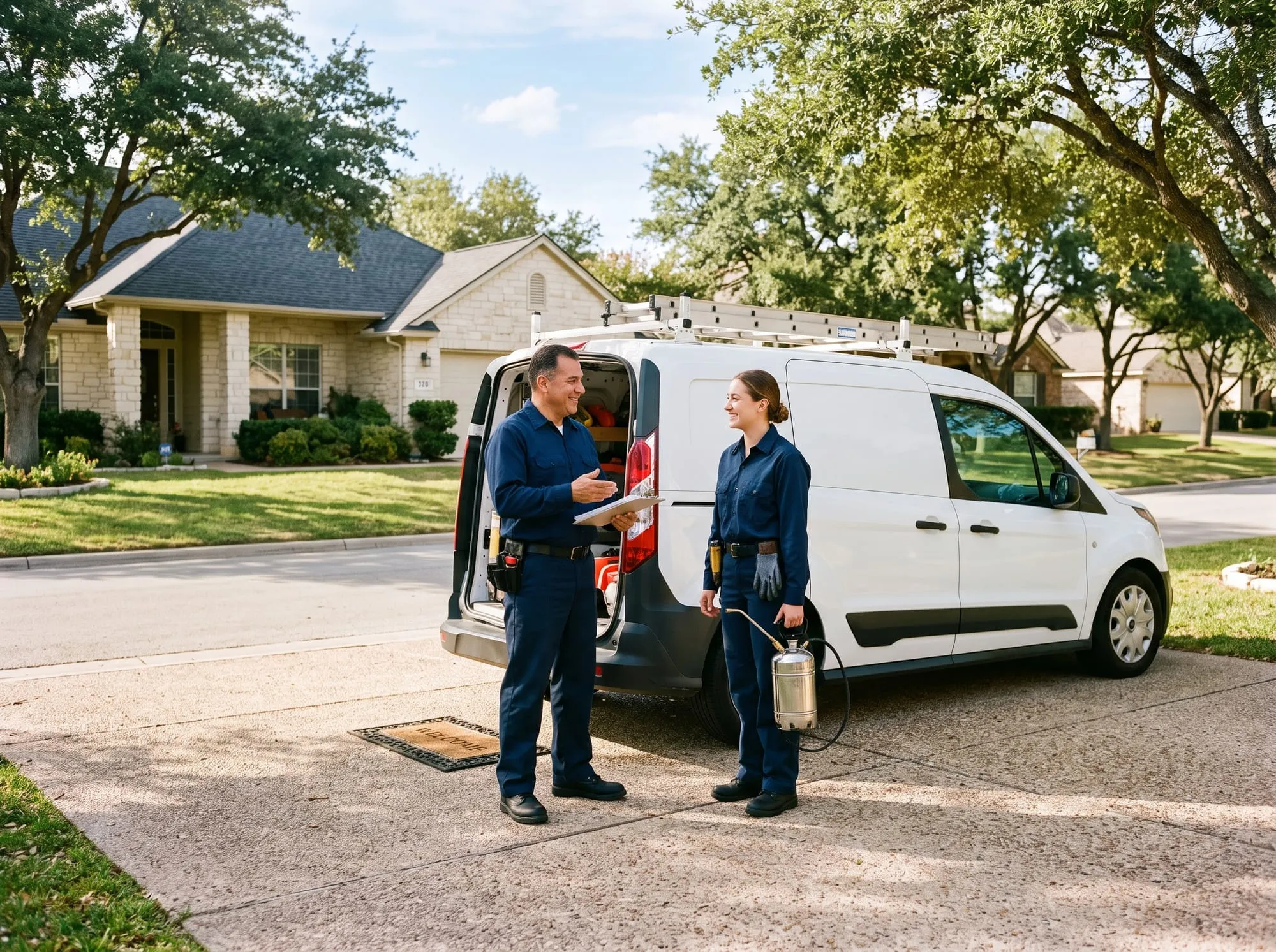 Two PestPro technicians talking beside their service van in an Austin driveway