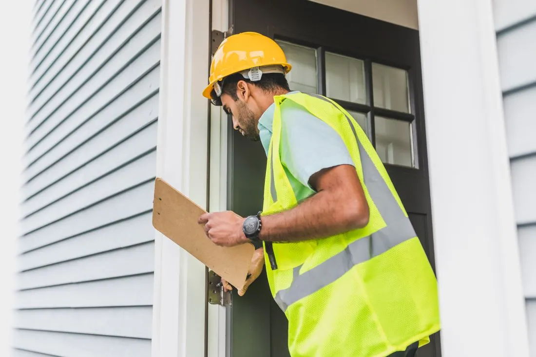 A technician with a clipboard inspecting a property and writing up a service report